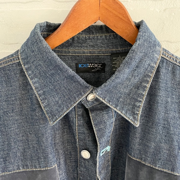 Vintage Y2K Icewear Ice T Denim Jacket Faux Suede Patchwork Dark wash Spellout L - Picture 13 of 16